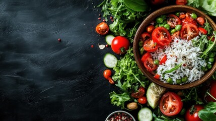 A hearty mixed vegetable salad garnished with rice and nuts, showcasing freshness and a colorful palette, embodying the essence of a healthy lifestyle and delicious meals.