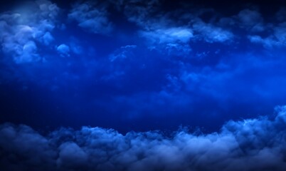 Obraz premium Dark blue abstract background. Night sky with clouds and moonlight. Navy blue sky background with copy space for design. Web banner. Night sky with full moon, horror and Halloween theme.