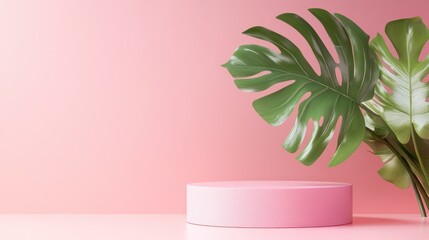 Pink pedestal with tropical leaves,  empty display, product showcase