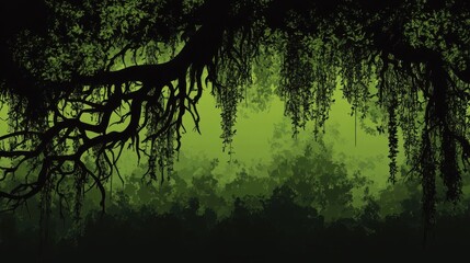 Lush Rainforest Canopy With Overhanging Branches And Vines