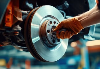 A close-up of an auto hands adjusting the brakes on a car, with brake pads and discs clearly visible