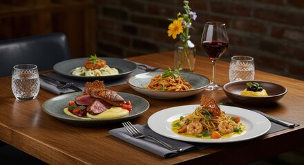 Rustic Intimate Dining Scene with Uniquely Plated Dishes