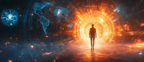 A vibrant digital scene of a person s success creating an everlasting global impact, represented by dynamic rays of light and worldchanging symbols, ultrarealistic, motivational