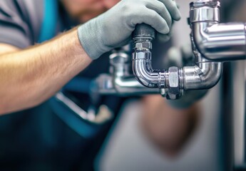 A close-up photograph of a professional plumber working on kitchen sink plumbing pipes. The plumber, wearing a tool belt and protective gloves, is intently focused on tightening a pipe fitting under