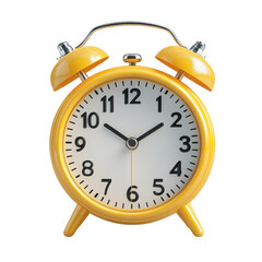 3D illustration of a yellow alarm clock with bells isolated on white background.