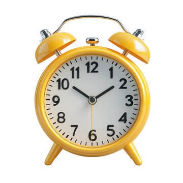 3D illustration of a yellow alarm clock with bells isolated on transparent background.