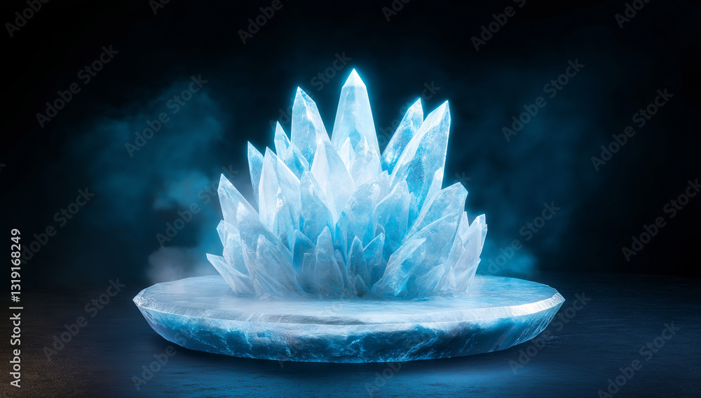 Poster stunning ice crystal formation with sharp, jagged edges, glowing softly in dark environment. icy str