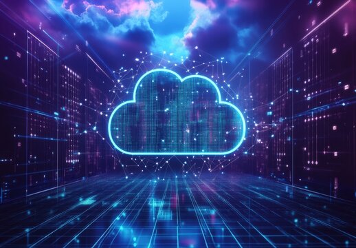 A cloud migration project, with IT professionals moving data to cloud platforms, emphasizing the role of cloud computing and SaaS in modernizing IT infrastructure