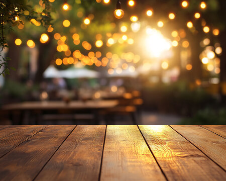 Wooden table surface in golden sunlight, blurred outdoor cafe background, showcasing free space for product placement or text, ideal for summer or evening promotion