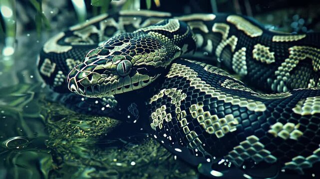 A python snake lies comfortably in calm water, surrounded by vibrant foliage under bright sunlight in a tropical environment