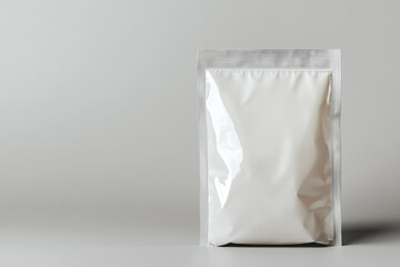 Blank white stand up pouch packaging mockup on grey background food clean empty shiny design studio