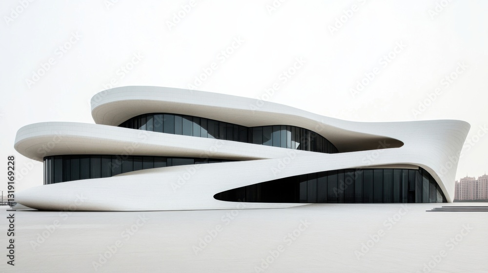 Poster a building with a curved roof and a large window