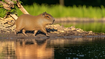 capybara walking along the shore of a quiet lake, with the lake&rsquo;s calm waters merging into its body, symbolizing the tranquility of nature. [Capybara]:[A friendly animal to everyone] capybara, 