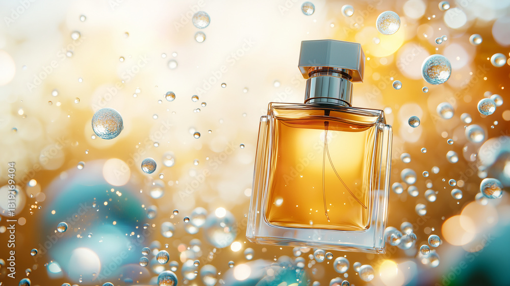 Poster bottle of perfume surrounded by floating bubbles, creating dreamy atmosphere. warm tones and sparkli