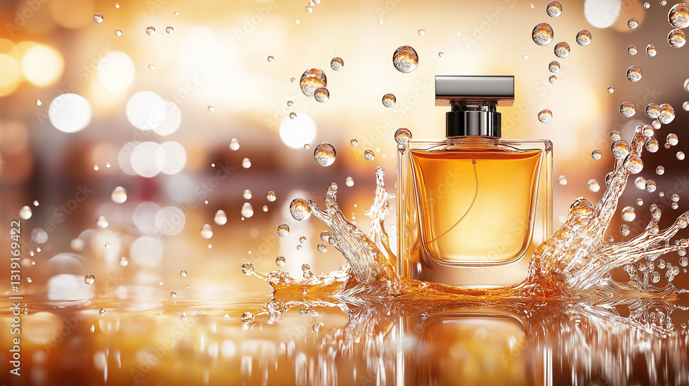Poster bottle of perfume surrounded by splashes of water and bubbles, creating luxurious and refreshing atm
