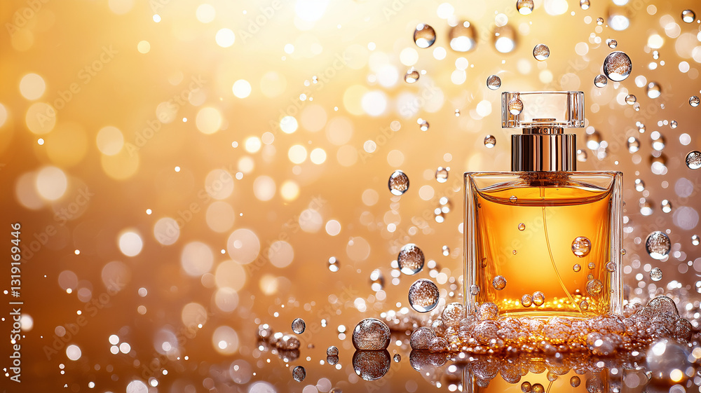 Poster bottle of perfume surrounded by bubbles and sparkling droplets, creating luxurious and refreshing at