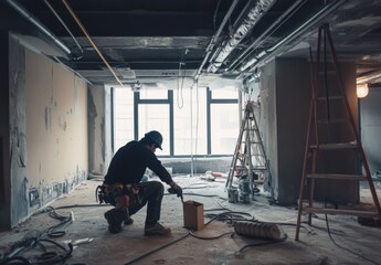 A detailed shot of a plumber fixing pipes in a commercial building under renovation, Plumbing repair scene, Infrastructure maintenance style