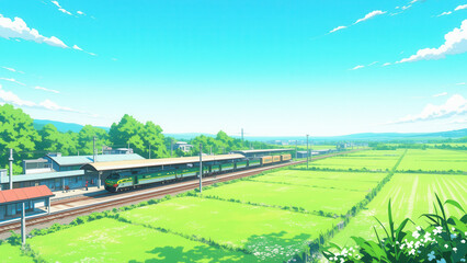 Obraz premium anime wallpaper illustration, Scenic Countryside Train Passing Through Lush Green Fields Under a Bright Blue Sky.