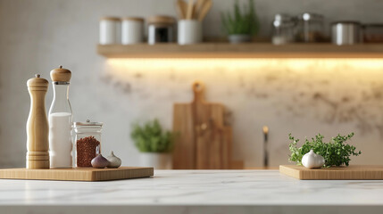 cooking ingredients on table in kitchen, free space for text