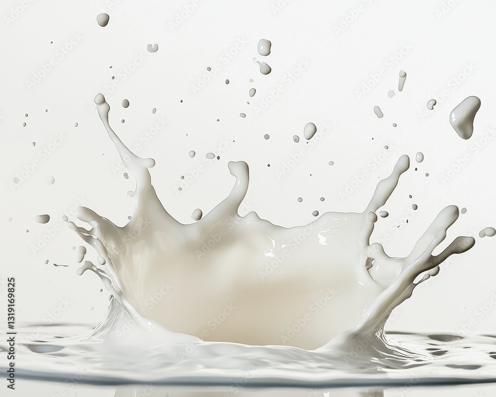 Poster dynamic splash of fresh milk creating textured ripples and droplets