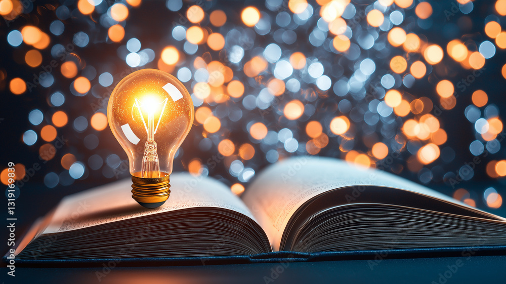 Poster glowing light bulb rests on open book, illuminating pages with warm glow. background features bokeh 