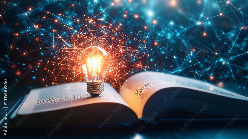 Poster glowing light bulb rests on open book, symbolizing creativity and knowledge. background features net