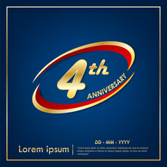 4th years anniversary celebration emblem. elegance anniversary golden logo with red ring on blue background. vector illustration template design for web, flyers, poster, greeting card