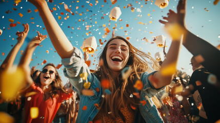 Obraz premium Joyful group of friends at a festival, launching lanterns into the sky