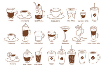 Vector minimalistic brown line art illustration set of coffee cups