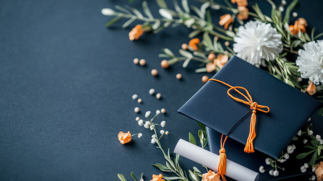 Graduation day celebration: Arrangement of cap, scroll, and floral decoration for a festive occasion