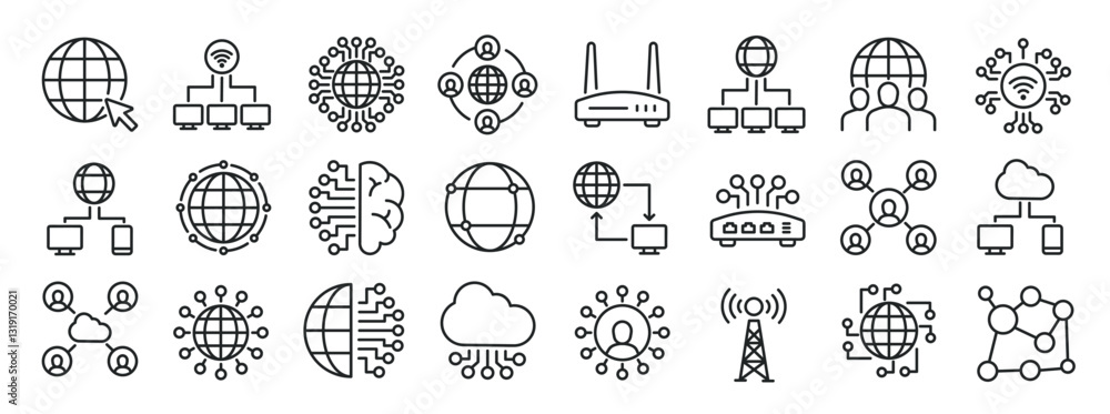 Aufkleber set of collection line icons related networking, connection, information technology. editable stroke