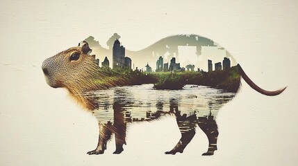 capybara combined with a flowing river, highlighting its affinity for water and peaceful coexistence with nature. [Capybara]:[A friendly animal to everyone] capybara, river, flowing water, double 