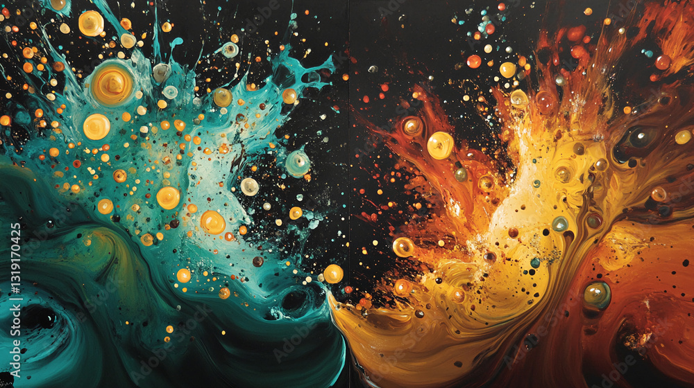 Poster abstract painting with teal and orange swirls, speckled with gold and other colors, creating a dynam