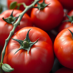 Red tomatoes on a vine, perfect poster art design, vibrant and fresh produce – Tomates rojos en una vid, diseño artístico perfecto para póster, productos vibrantes y frescos.