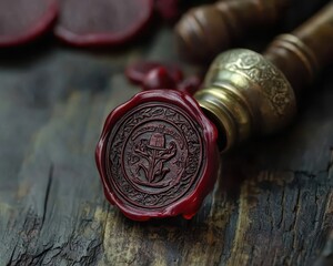 Elegant Red Wax Seal on Antique Wood Surface with Decorative Design