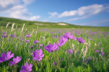 Vibrant purple flowers in a green grassland. A serene and lively springtime scene.