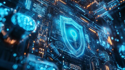 Obraz premium Cyber security hologram interface, close-up of a virtual shield and key, neon blue lighting, ultra-modern tech environment, glowing particles
