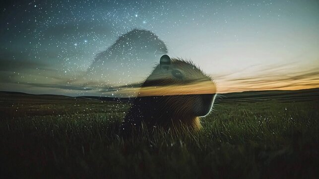 capybara combined with a starry night sky, symbolizing its tranquil and universally appealing nature. [Capybara]:[A friendly animal to everyone] capybara, starry night, double exposure, peaceful, 
