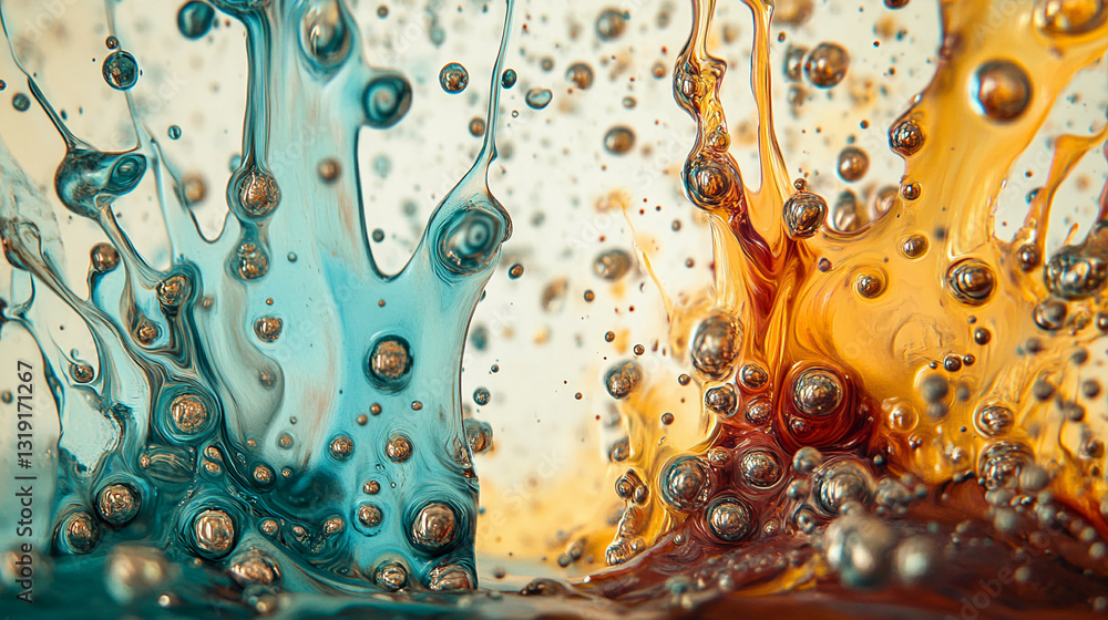 Aufkleber Abstract image of teal and orange liquid with metallic bubbles, creating a dynamic and vibrant texture, showcasing fluidity and energy, ideal for science or design concepts