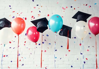 A festive arrangement of graduation caps and balloons with confetti for celebration