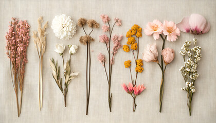 Assorted dried and fresh flowers on beige background creating natural aesthetic