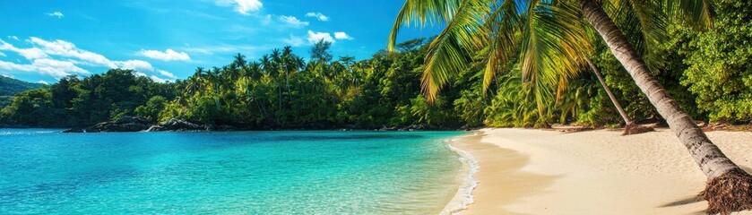 Obraz premium A serene tropical beach with clear turquoise water and lush greenery in the background.