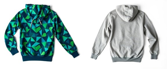 Two stylish hoodies, one with geometric pattern, the other plain, shown from front and back views.