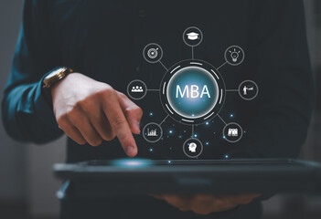 MBA education including graduation cap, goals, light bulb, teamwork and books. Virtual icons. MBA education concept.