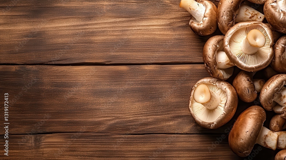 Poster a captivating collection of various mushrooms artfully arranged on a rustic wooden backdrop, emphasi