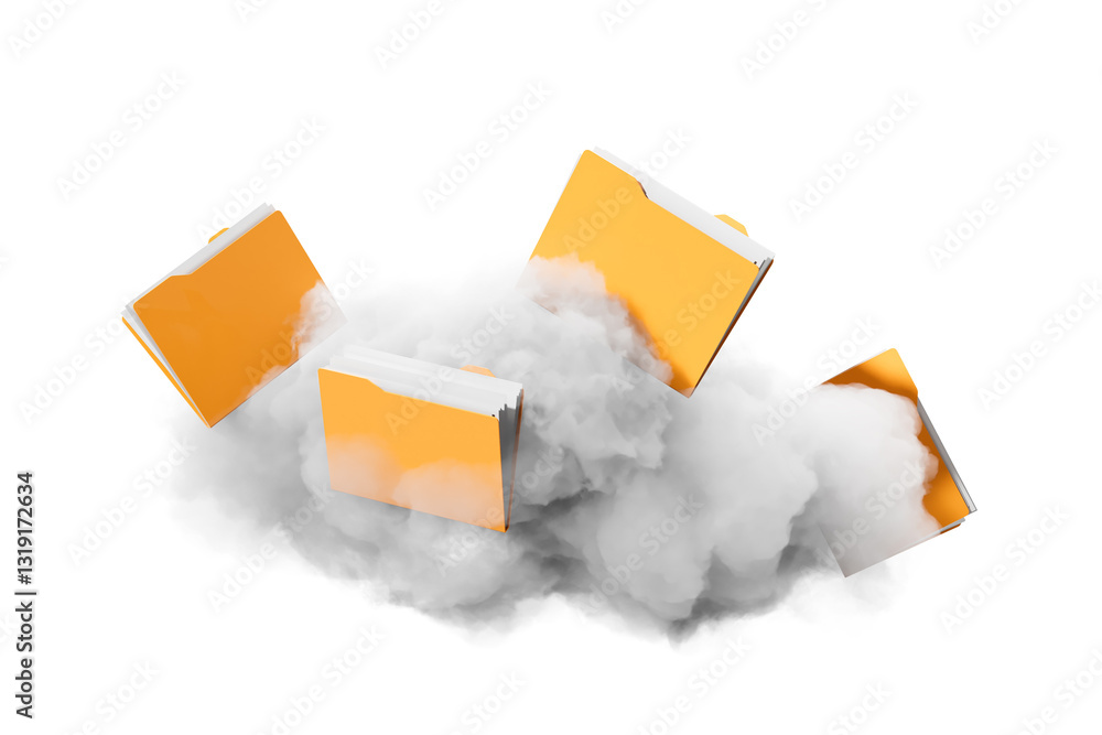 Poster yellow file folders emerging from a cloud of smoke, symbolizing cloud storage and data management, i