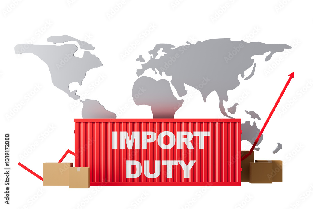 Aufkleber red shipping container labeled import duty with cardboard boxes and a rising arrow, set against a wo