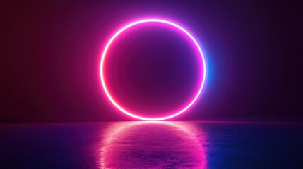 a neon circle is reflected in the water