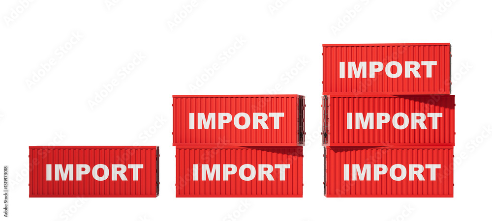 Poster red import shipping containers stacked in ascending order, isolated on a white background. concept o