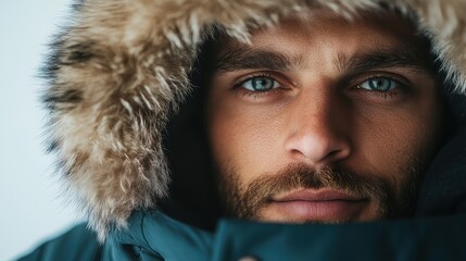 An intense close-up reveals a man’s face framed by a fur-lined hood, emphasizing his striking blue eyes and confident expression against a neutral background.